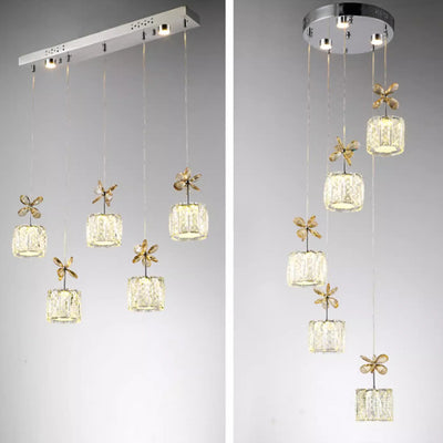 Modern Luxury Crystal & Stainless Steel Raindrop Cylinder Petal LED Chandelier Island Light For Dining Room & Living Room