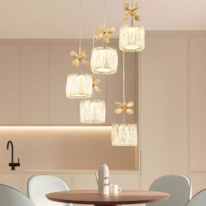 Moderne Luxus-Kristall- und Edelstahl-Regenzylinder-Petal-LED-Kronleuchter-Insellicht für Esszimmer & Wohnzimmer 