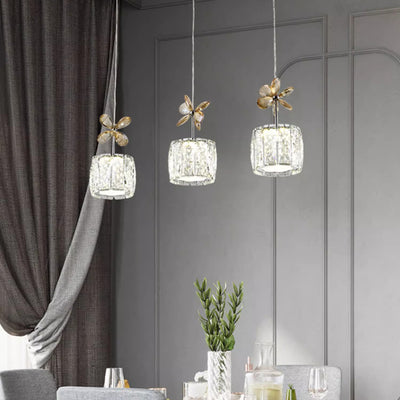 Modern Luxury Crystal & Stainless Steel Raindrop Cylinder Petal LED Chandelier Island Light For Dining Room & Living Room