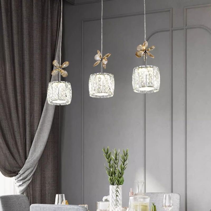 Modern Luxury Crystal & Stainless Steel Raindrop Cylinder Petal LED Chandelier Island Light For Dining Room & Living Room