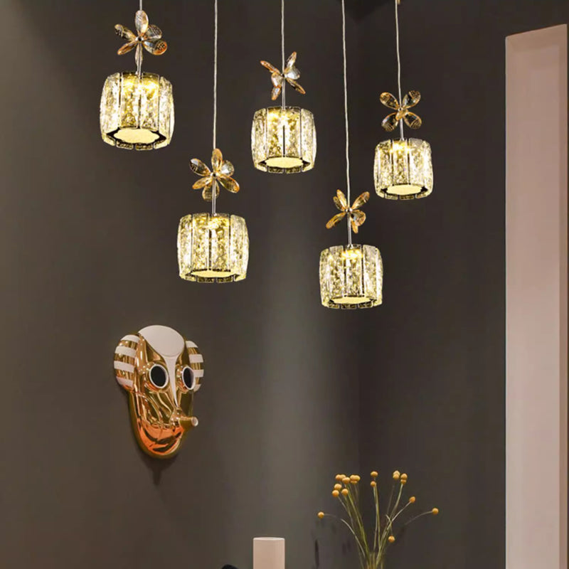 Modern Luxury Crystal & Stainless Steel Raindrop Cylinder Petal LED Chandelier Island Light For Dining Room & Living Room