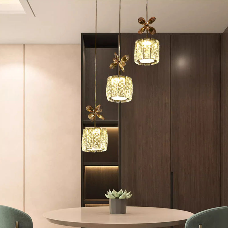 Modern Luxury Crystal & Stainless Steel Raindrop Cylinder Petal LED Chandelier Island Light For Dining Room & Living Room