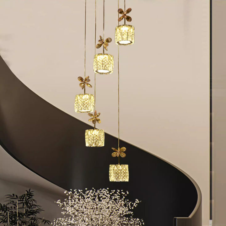 Moderne Luxus-Kristall- und Edelstahl-Regenzylinder-Petal-LED-Kronleuchter-Insellicht für Esszimmer & Wohnzimmer 