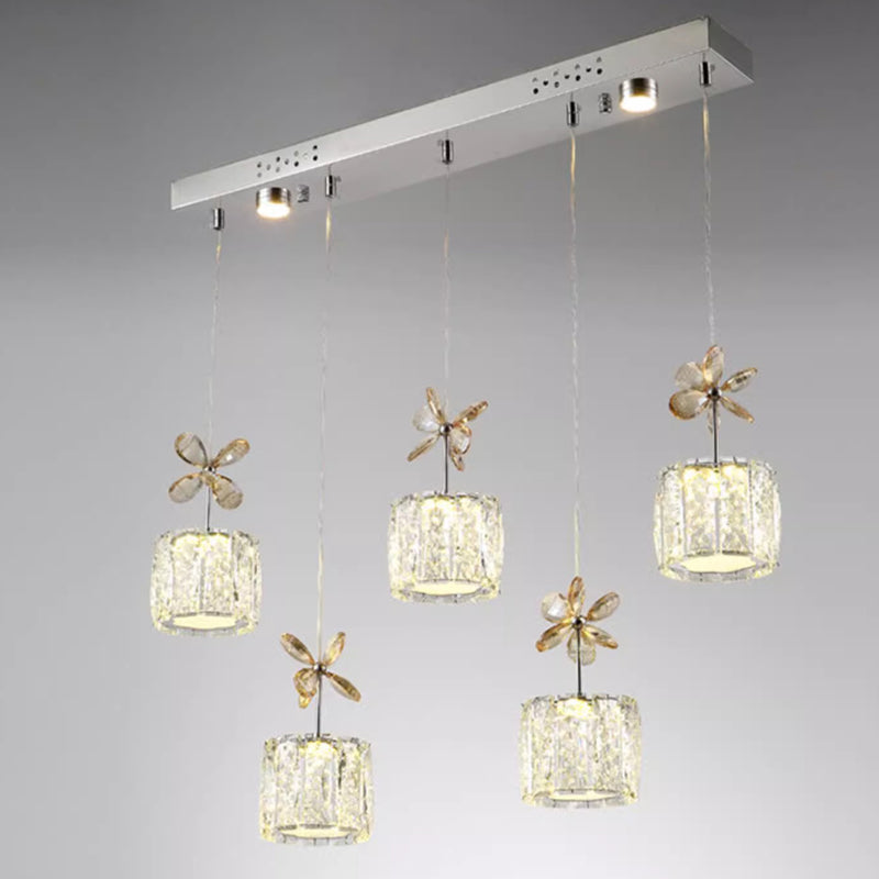 Modern Luxury Crystal & Stainless Steel Raindrop Cylinder Petal LED Chandelier Island Light For Dining Room & Living Room