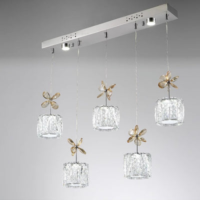 Modern Luxury Crystal & Stainless Steel Raindrop Cylinder Petal LED Chandelier Island Light For Dining Room & Living Room