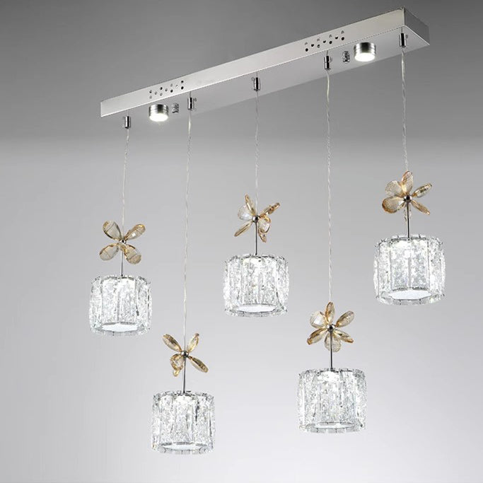 Modern Luxury Crystal & Stainless Steel Raindrop Cylinder Petal LED Chandelier Island Light For Dining Room & Living Room