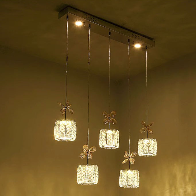Modern Luxury Crystal & Stainless Steel Raindrop Cylinder Petal LED Chandelier Island Light For Dining Room & Living Room