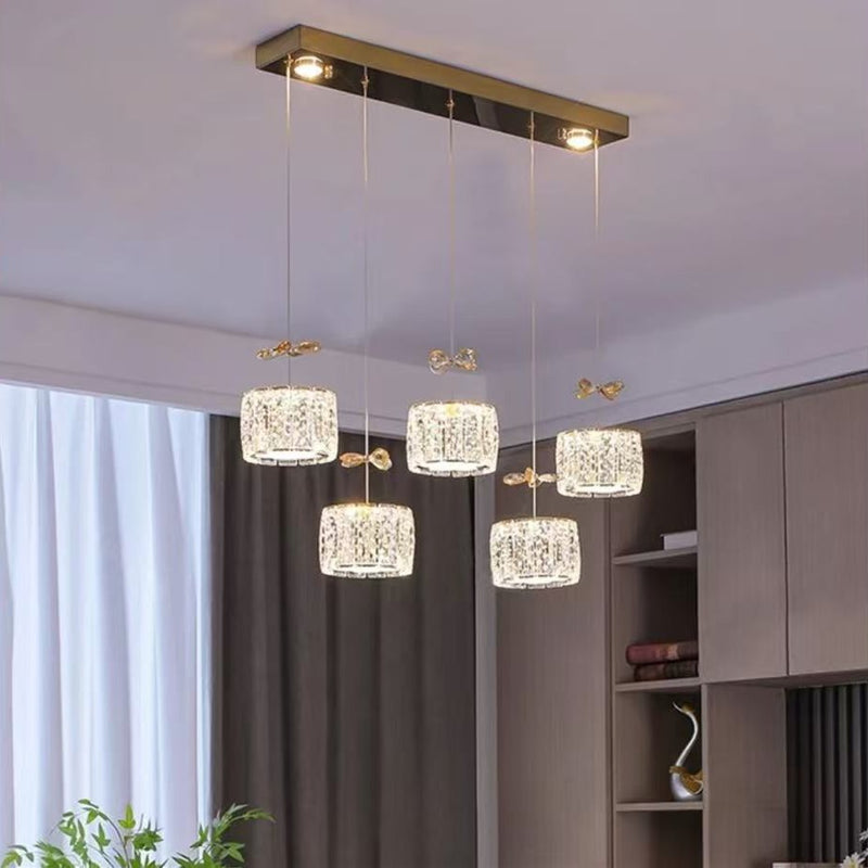 Modern Luxury Crystal & Stainless Steel Raindrop Cylinder Petal LED Chandelier Island Light For Dining Room & Living Room