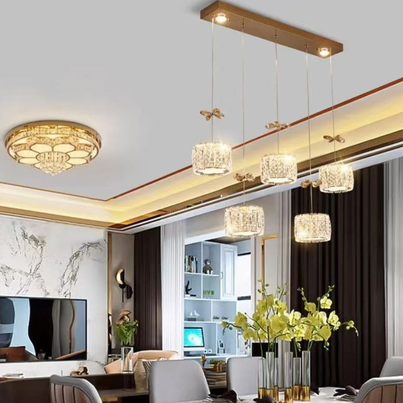 Modern Luxury Crystal & Stainless Steel Raindrop Cylinder Petal LED Chandelier Island Light For Dining Room & Living Room
