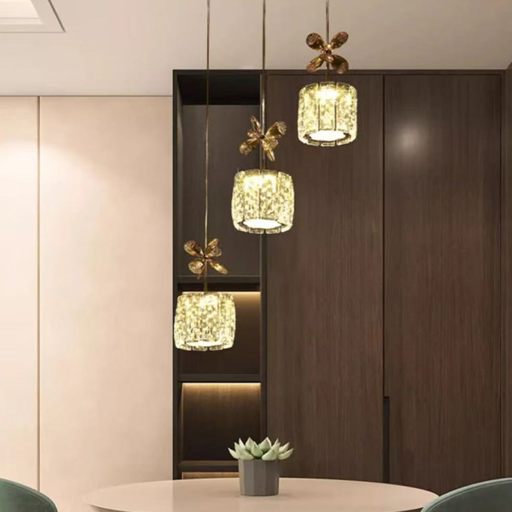 ثريا حديثة فاخرة من الكريستال والفولاذ المقاوم للصدأ على شكل بتلة أسطوانة قطرات المطر LED لغرفة الطعام وغرفة المعيشة 