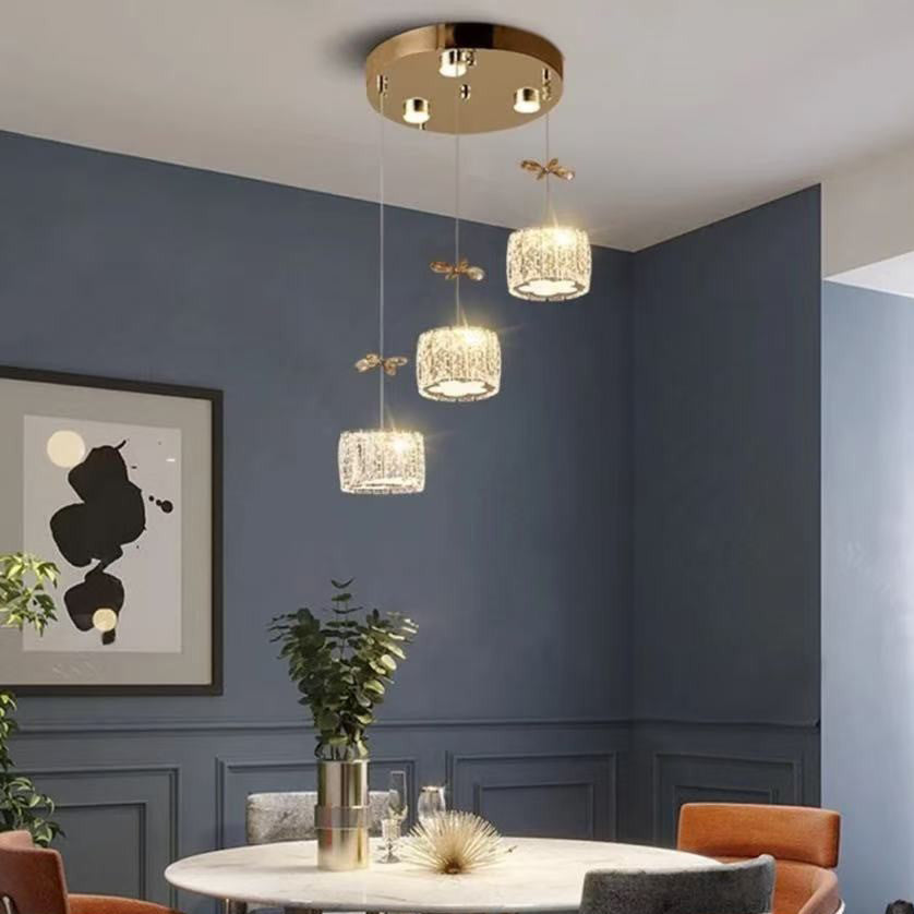ثريا حديثة فاخرة من الكريستال والفولاذ المقاوم للصدأ على شكل بتلة أسطوانة قطرات المطر LED لغرفة الطعام وغرفة المعيشة 