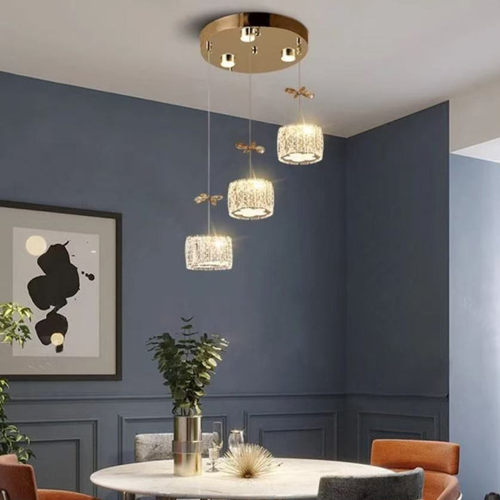 Moderne Luxus-Kristall- und Edelstahl-Regenzylinder-Petal-LED-Kronleuchter-Insellicht für Esszimmer & Wohnzimmer 