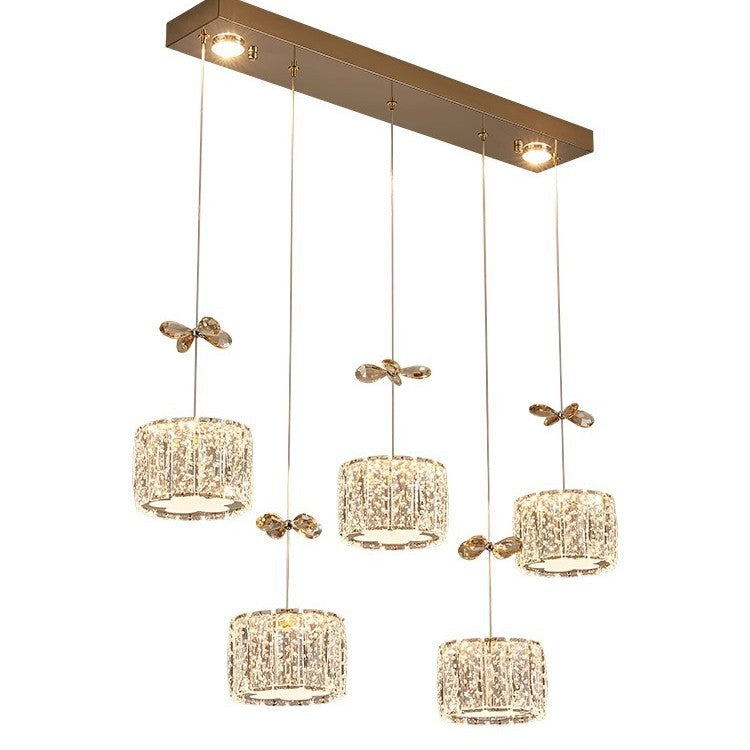 Modern Luxury Crystal & Stainless Steel Raindrop Cylinder Petal LED Chandelier Island Light For Dining Room & Living Room
