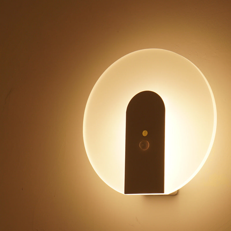 Modern Minimalist Iron &amp; ABS Round LED Motion Sensor Wall Sconce Lamp Night Light For Bedroom &amp; Hallway