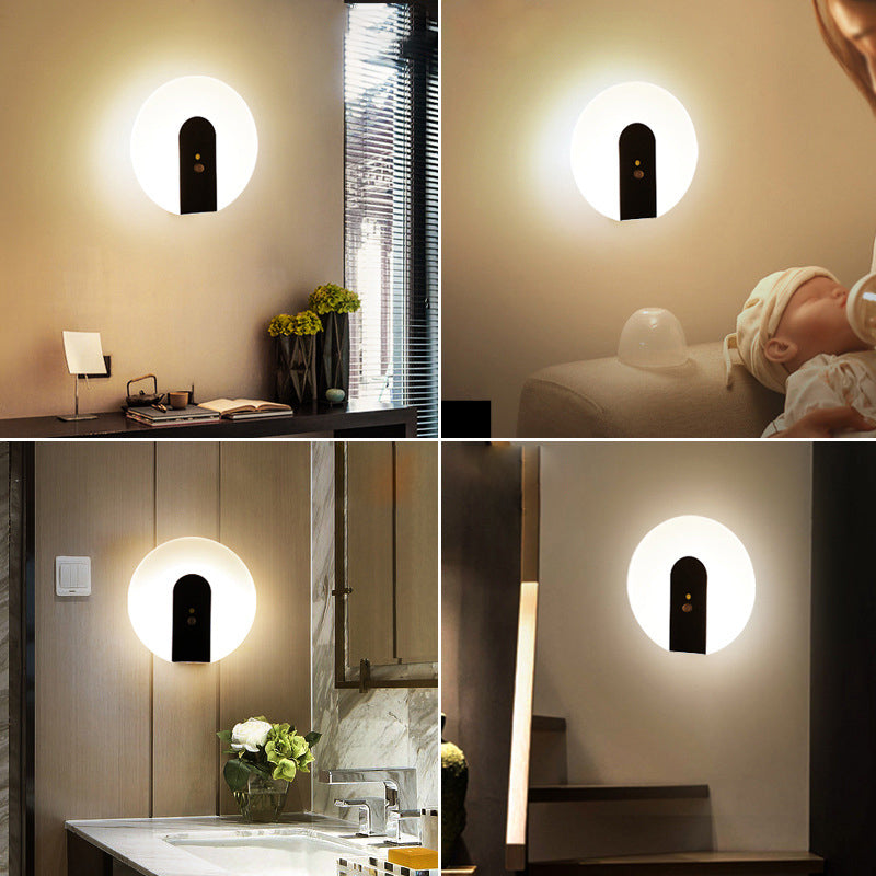 Modern Minimalist Iron &amp; ABS Round LED Motion Sensor Wall Sconce Lamp Night Light For Bedroom &amp; Hallway
