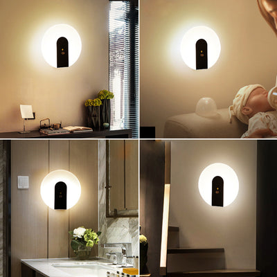 Modern Minimalist Iron & ABS Round LED Motion Sensor Wall Sconce Lamp Night Light For Bedroom & Hallway
