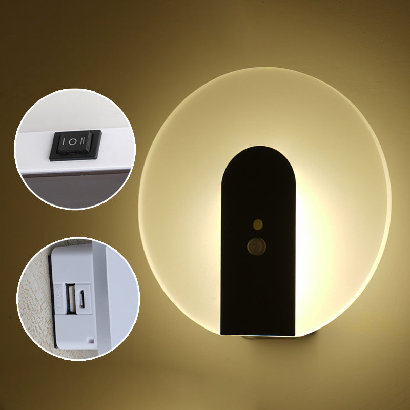 Modern Minimalist Iron & ABS Round LED Motion Sensor Wall Sconce Lamp Night Light For Bedroom & Hallway