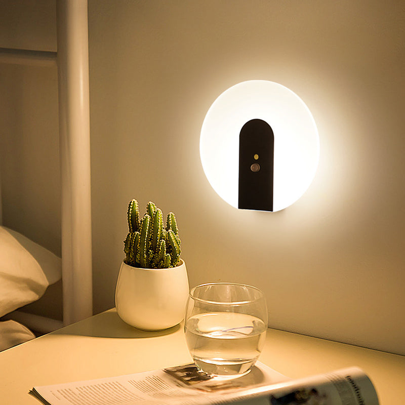 Modern Minimalist Iron & ABS Round LED Motion Sensor Wall Sconce Lamp Night Light For Bedroom & Hallway
