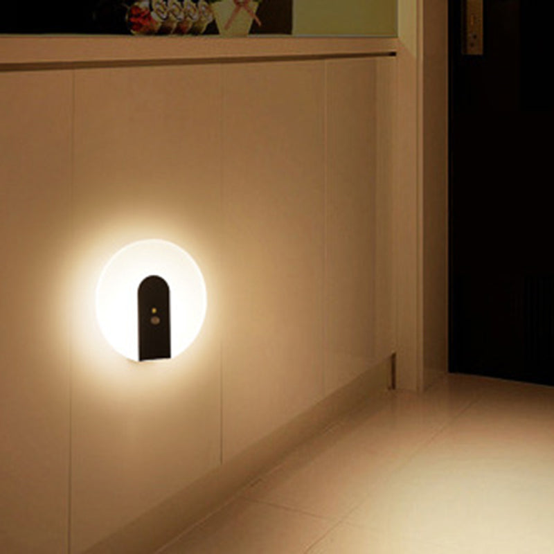 Modern Minimalist Iron & ABS Round LED Motion Sensor Wall Sconce Lamp Night Light For Bedroom & Hallway