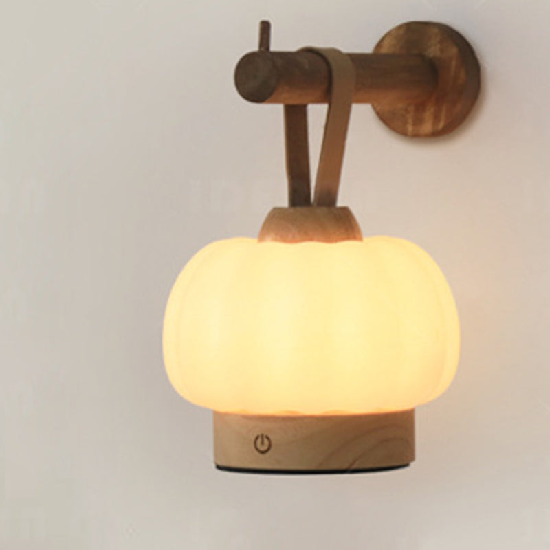 Zeitgenössische nordische wiederaufladbare Holz-PE- und Leder-Kürbis-förmige hängende LED-Wandleuchte Nachttischlampe für das Bett 