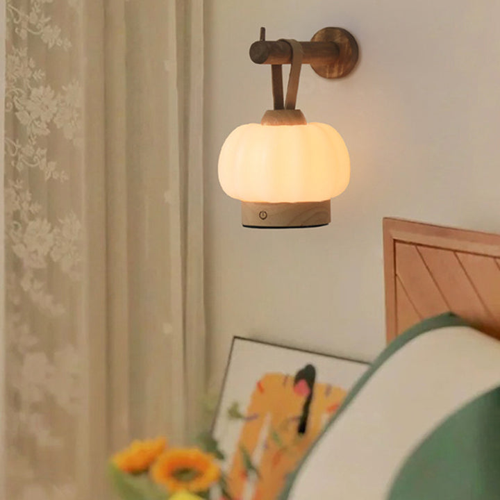 Contemporary Nordic Rechargeable Wood PE &amp; Faux Leather Pumpkin-Shaped Hanging LED Wall Sconce Lamp Night Light For Bedside