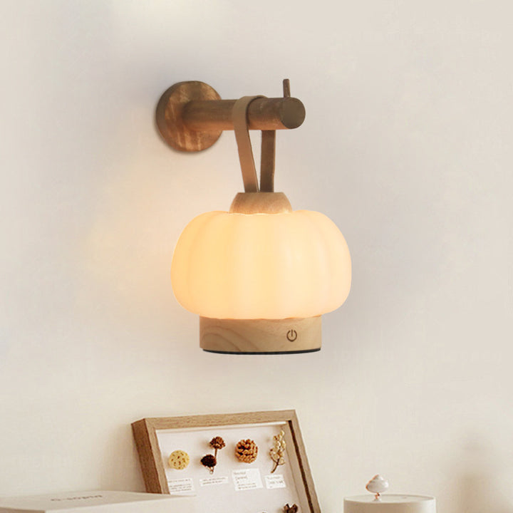Contemporary Nordic Rechargeable Wood PE &amp; Faux Leather Pumpkin-Shaped Hanging LED Wall Sconce Lamp Night Light For Bedside