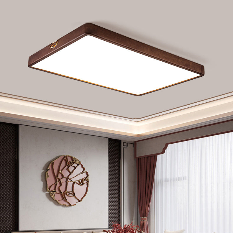 Traditional Chinese Rubberwood Metal Acrylic Square & Rectangular Hollow Pattern LED Flush Mount Ceiling Light For Living Room & Bedroom