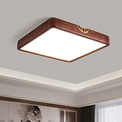 Traditional Chinese Rubberwood Metal Acrylic Square & Rectangular Hollow Pattern LED Flush Mount Ceiling Light For Living Room & Bedroom