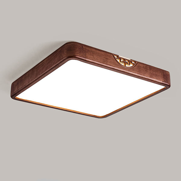 Traditional Chinese Rubberwood Metal Acrylic Square & Rectangular Hollow Pattern LED Flush Mount Ceiling Light For Living Room & Bedroom