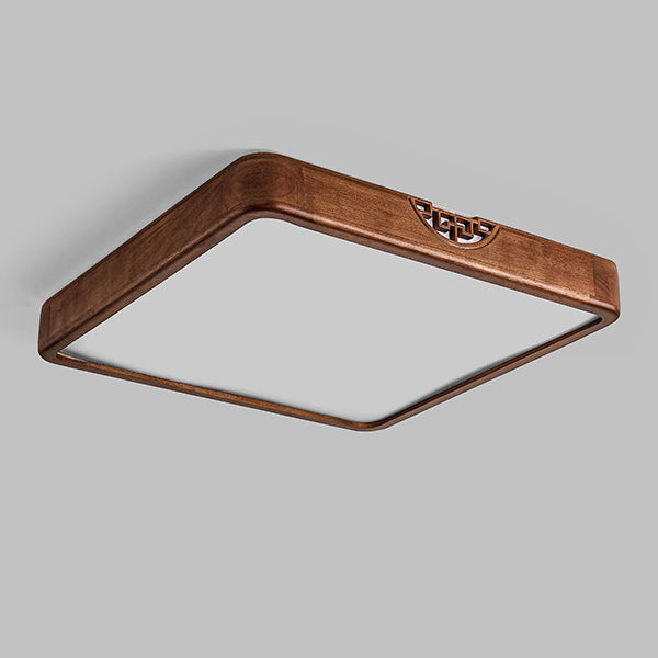Traditional Chinese Rubberwood Metal Acrylic Square & Rectangular Hollow Pattern LED Flush Mount Ceiling Light For Living Room & Bedroom