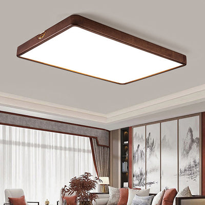 Traditional Chinese Rubberwood Metal Acrylic Square & Rectangular Hollow Pattern LED Flush Mount Ceiling Light For Living Room & Bedroom