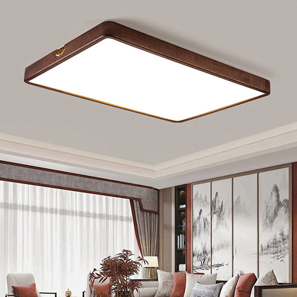 Traditional Chinese Rubberwood Metal Acrylic Square & Rectangular Hollow Pattern LED Flush Mount Ceiling Light For Living Room & Bedroom