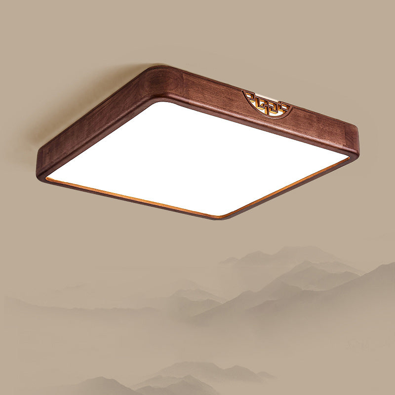 Traditional Chinese Rubberwood Metal Acrylic Square & Rectangular Hollow Pattern LED Flush Mount Ceiling Light For Living Room & Bedroom