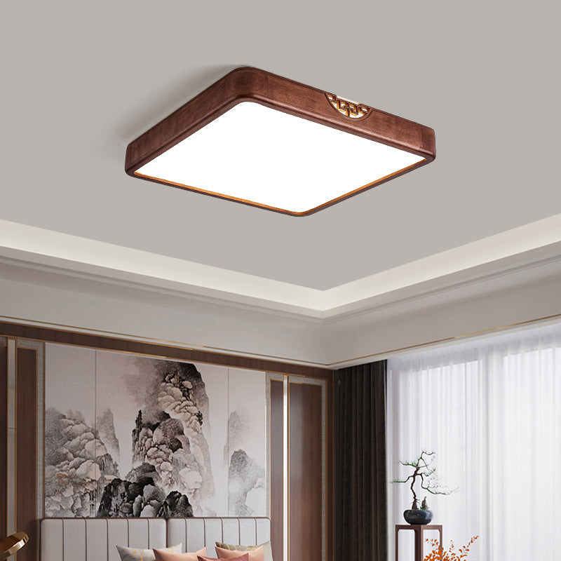 Traditional Chinese Rubberwood Metal Acrylic Square & Rectangular Hollow Pattern LED Flush Mount Ceiling Light For Living Room & Bedroom