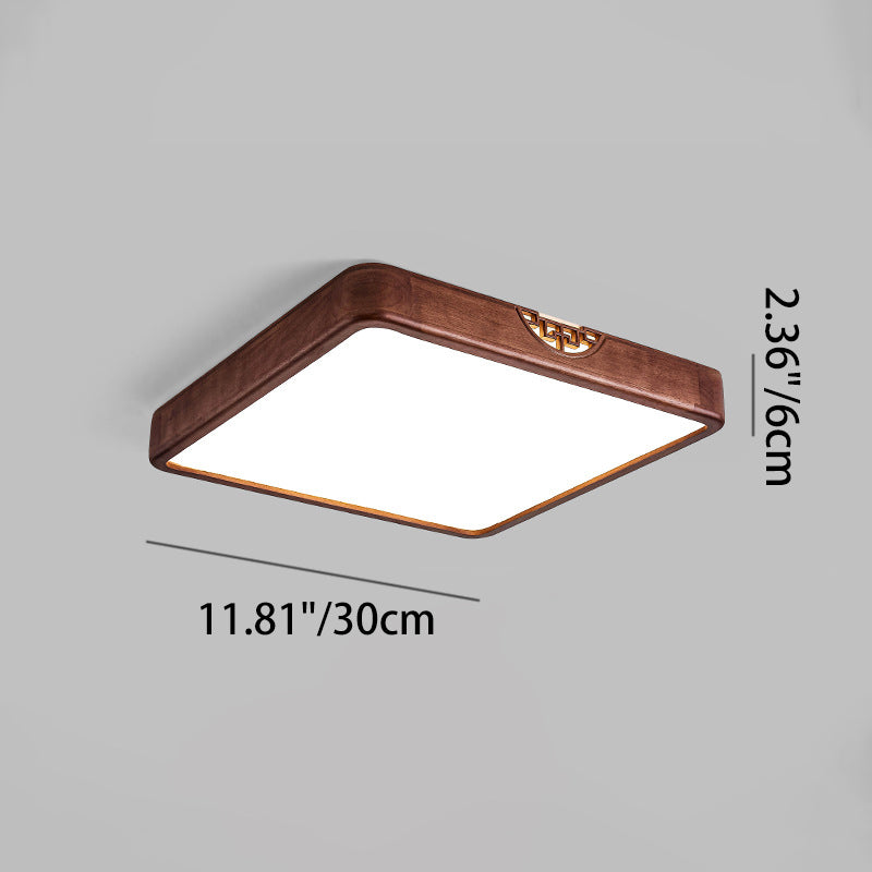 Traditional Chinese Rubberwood Metal Acrylic Square & Rectangular Hollow Pattern LED Flush Mount Ceiling Light For Living Room & Bedroom