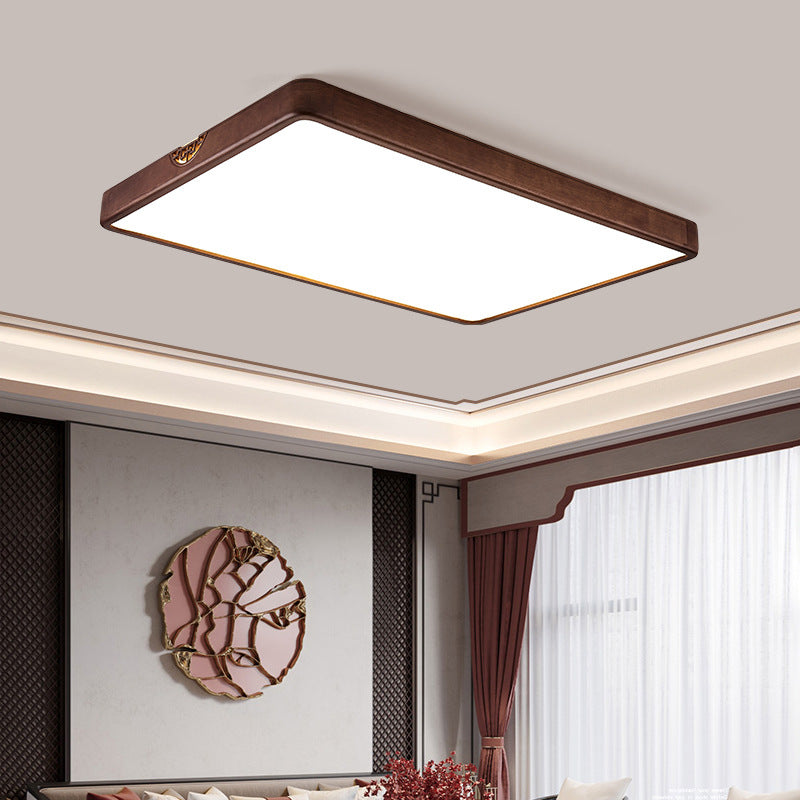 Traditional Chinese Rubberwood Metal Acrylic Square & Rectangular Hollow Pattern LED Flush Mount Ceiling Light For Living Room & Bedroom