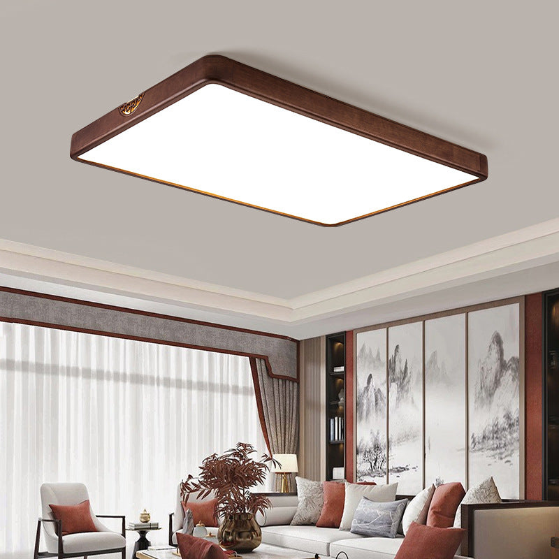 Traditional Chinese Rubberwood Metal Acrylic Square & Rectangular Hollow Pattern LED Flush Mount Ceiling Light For Living Room & Bedroom