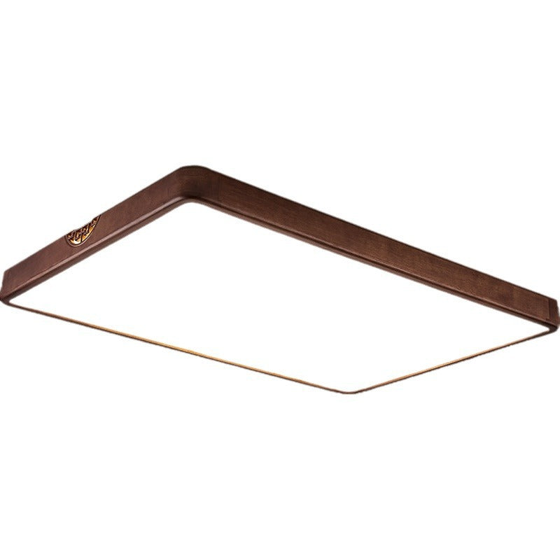 Traditional Chinese Rubberwood Metal Acrylic Square & Rectangular Hollow Pattern LED Flush Mount Ceiling Light For Living Room & Bedroom