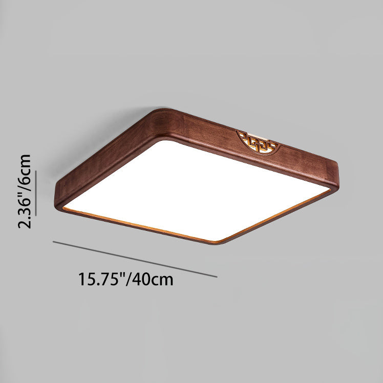 Traditional Chinese Rubberwood Metal Acrylic Square & Rectangular Hollow Pattern LED Flush Mount Ceiling Light For Living Room & Bedroom