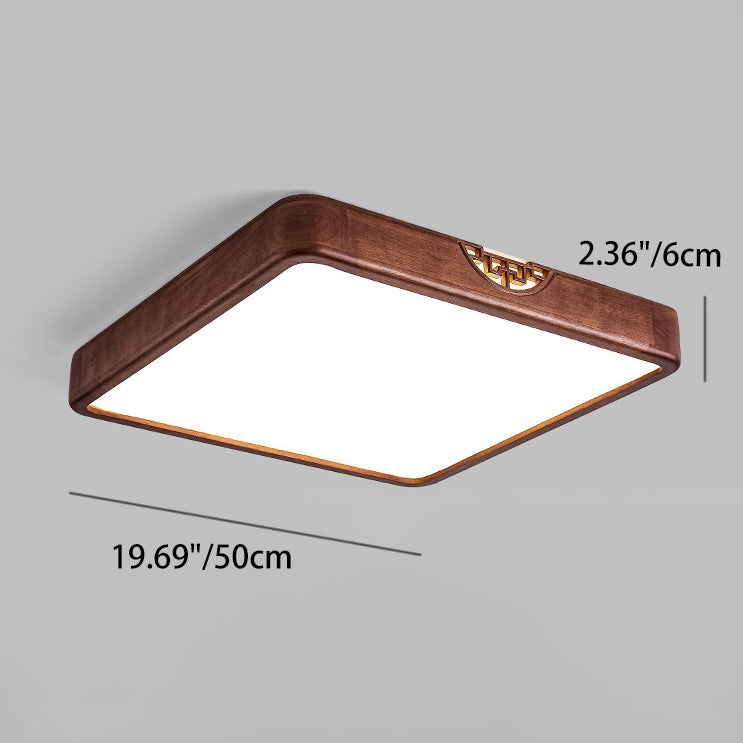 Traditional Chinese Rubberwood Metal Acrylic Square & Rectangular Hollow Pattern LED Flush Mount Ceiling Light For Living Room & Bedroom