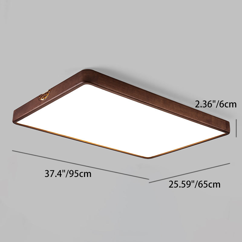 Traditional Chinese Rubberwood Metal Acrylic Square & Rectangular Hollow Pattern LED Flush Mount Ceiling Light For Living Room & Bedroom