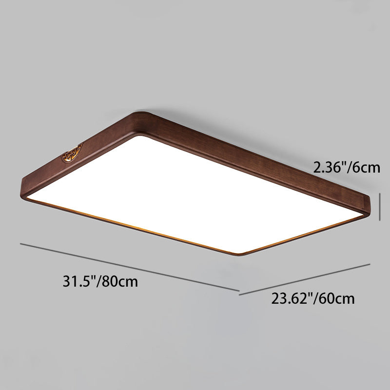 Traditional Chinese Rubberwood Metal Acrylic Square & Rectangular Hollow Pattern LED Flush Mount Ceiling Light For Living Room & Bedroom