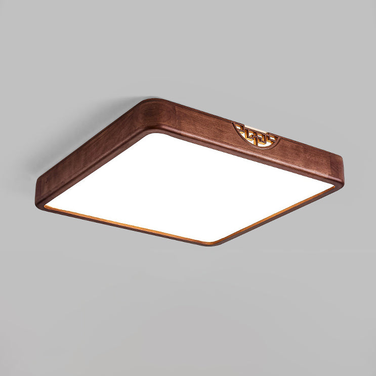 Traditional Chinese Rubberwood Metal Acrylic Square & Rectangular Hollow Pattern LED Flush Mount Ceiling Light For Living Room & Bedroom