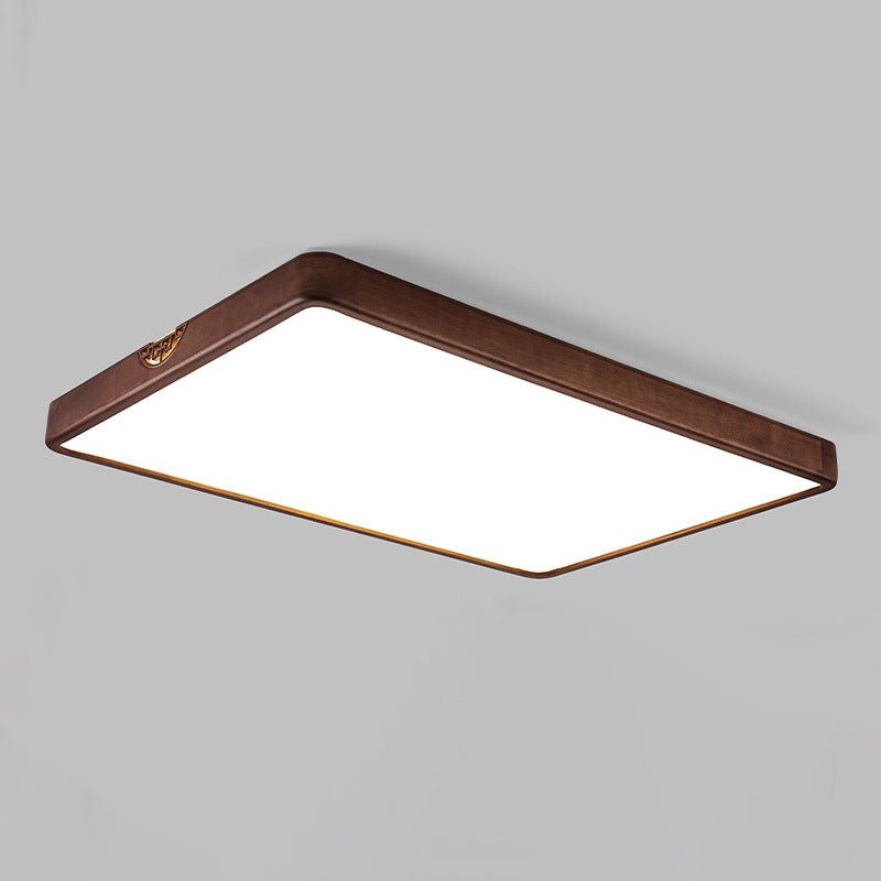 Traditional Chinese Rubberwood Metal Acrylic Square & Rectangular Hollow Pattern LED Flush Mount Ceiling Light For Living Room & Bedroom