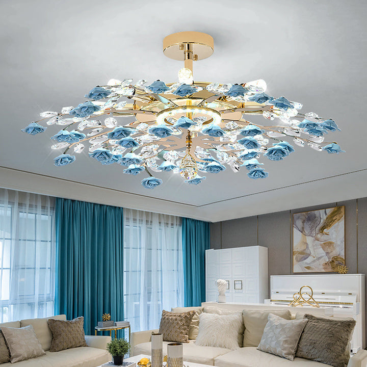Traditional French Ceramic Crystal Iron Rose &amp; Branch 6/7/8 Light LED Semi-Flush Mount Ceiling Light For Living Room &amp; Bedroom