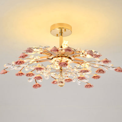 Traditional French Ceramic Crystal Iron Rose & Branch 6/7/8 Light LED Semi-Flush Mount Ceiling Light For Living Room & Bedroom