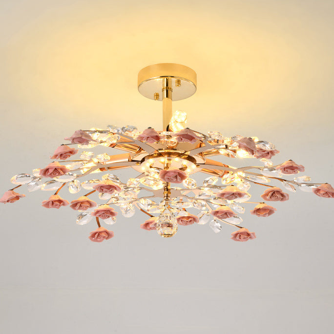 Traditional French Ceramic Crystal Iron Rose & Branch 6/7/8 Light LED Semi-Flush Mount Ceiling Light For Living Room & Bedroom