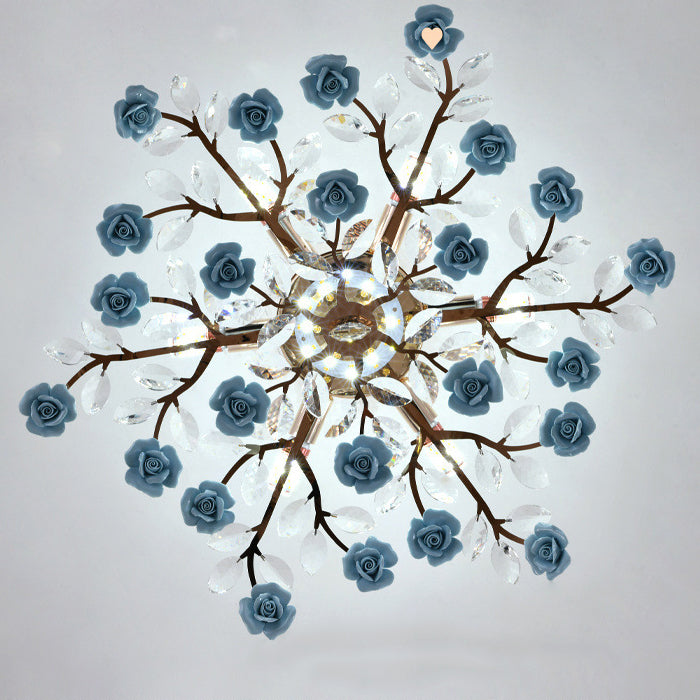 Traditional French Ceramic Crystal Iron Rose & Branch 6/7/8 Light LED Semi-Flush Mount Ceiling Light For Living Room & Bedroom