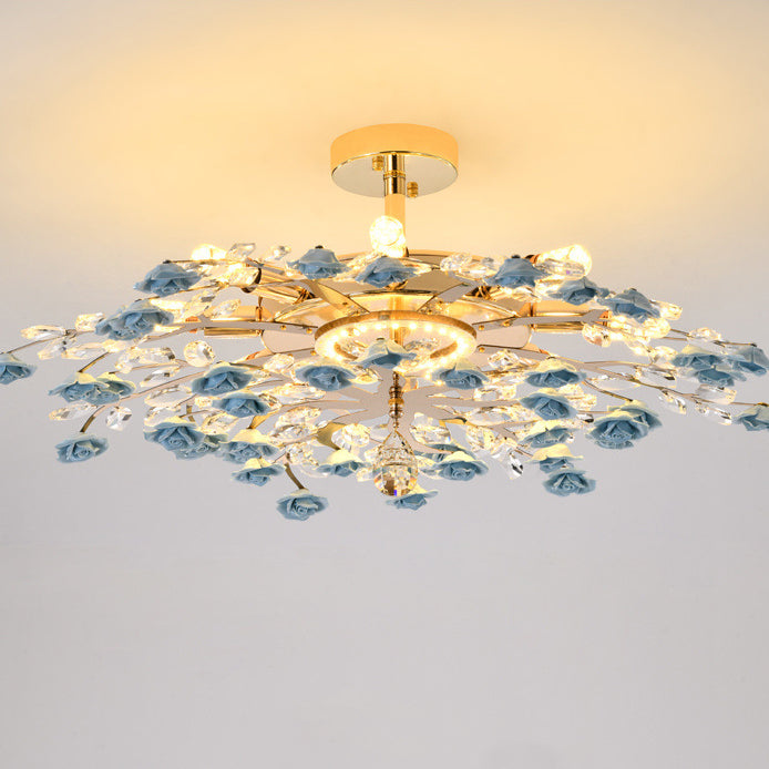 Traditional French Ceramic Crystal Iron Rose & Branch 6/7/8 Light LED Semi-Flush Mount Ceiling Light For Living Room & Bedroom