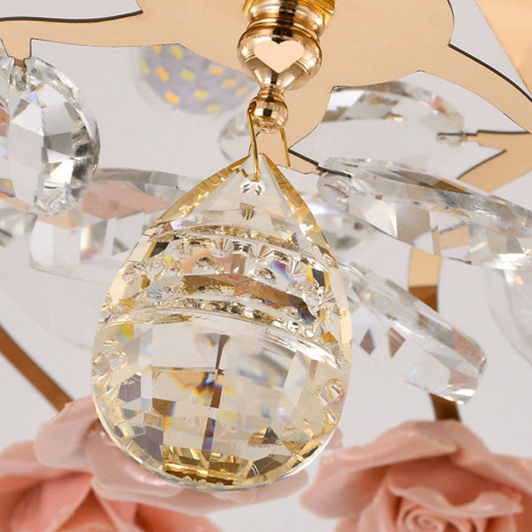 Traditional French Ceramic Crystal Iron Rose & Branch 6/7/8 Light LED Semi-Flush Mount Ceiling Light For Living Room & Bedroom